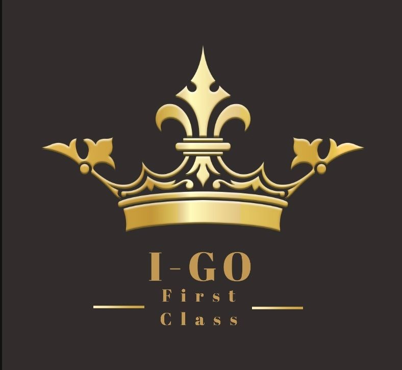 Gold crown logo with text 'I-GO First Class' on a dark background.