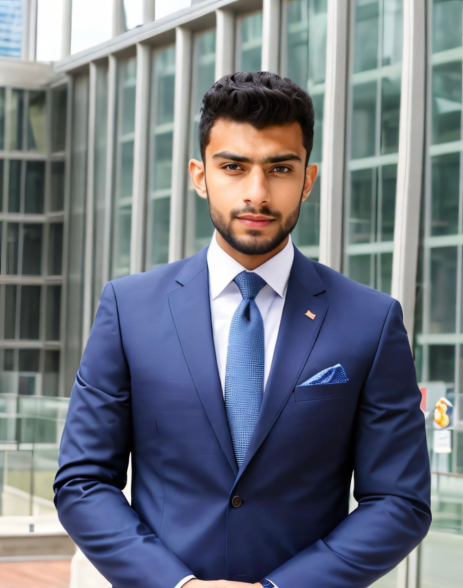 Man in blue suit with tie standing outdoors in front of a modern glass building.